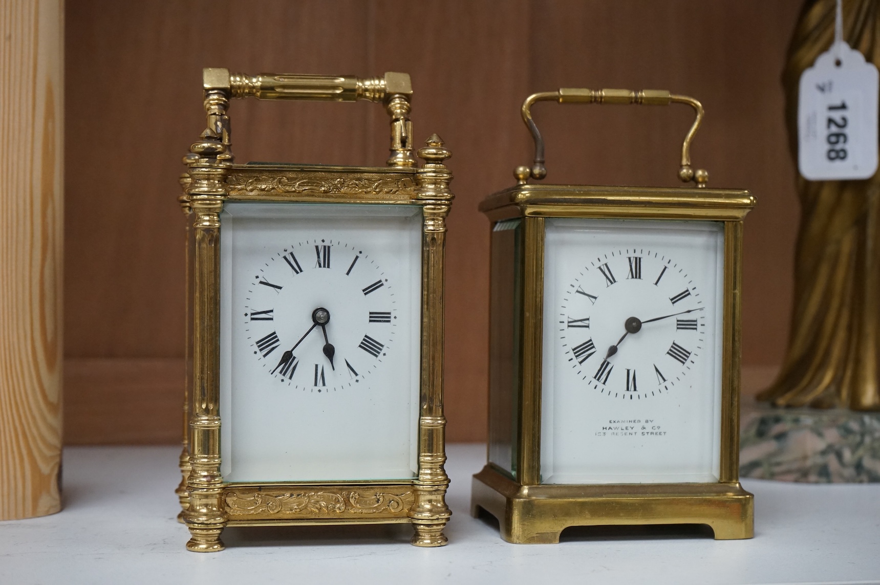 Two French brass carriage clocks, timepiece movements, tallest 12cm